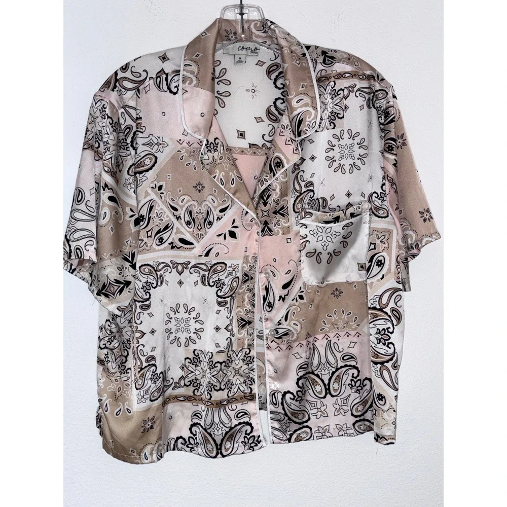 Como Sleep Mens Satin Pajama Set Medium Tan Pink Paisley‎ Bandana Print 2pc PJ